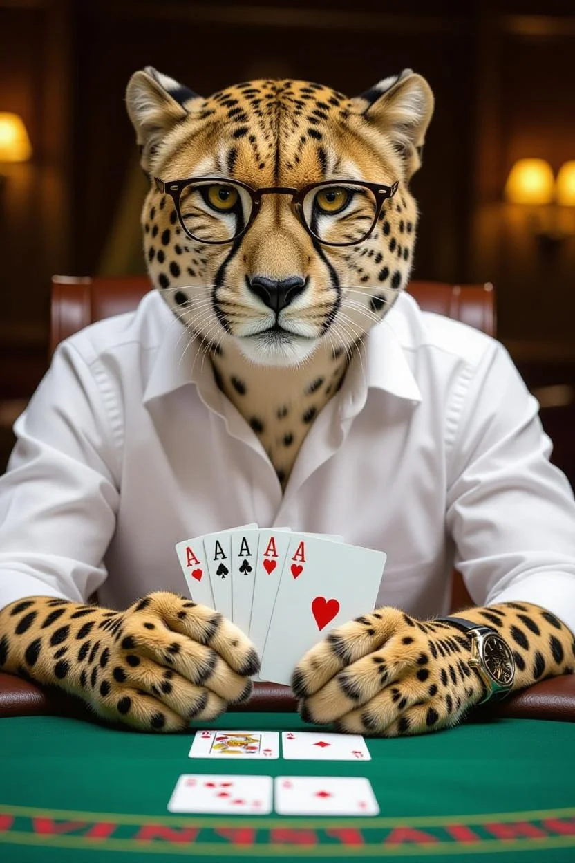 Professional cheetah developer with glasses holding five aces - representing VIBEcoder's systematic winning approach