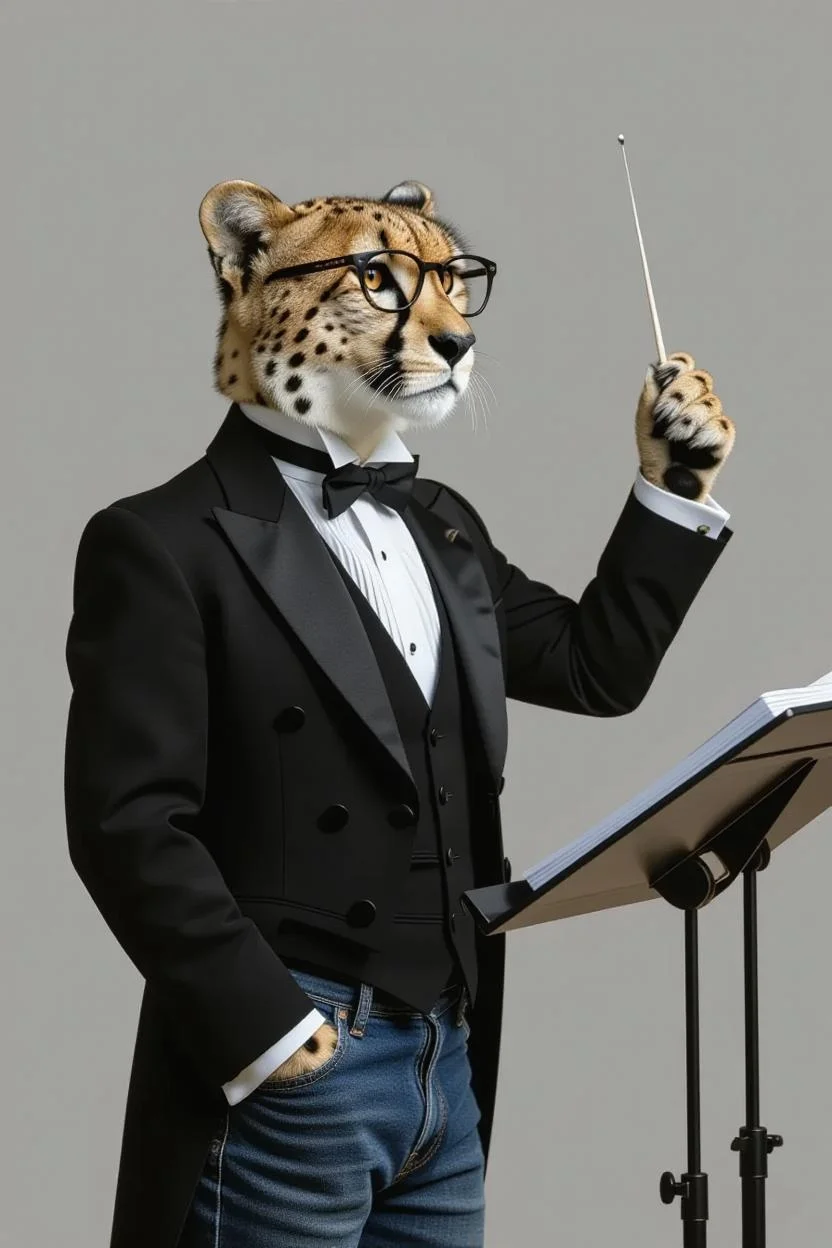 Professional cheetah conductor with baton raised, ready to direct the orchestra - representing the VibeCoder's leadership role