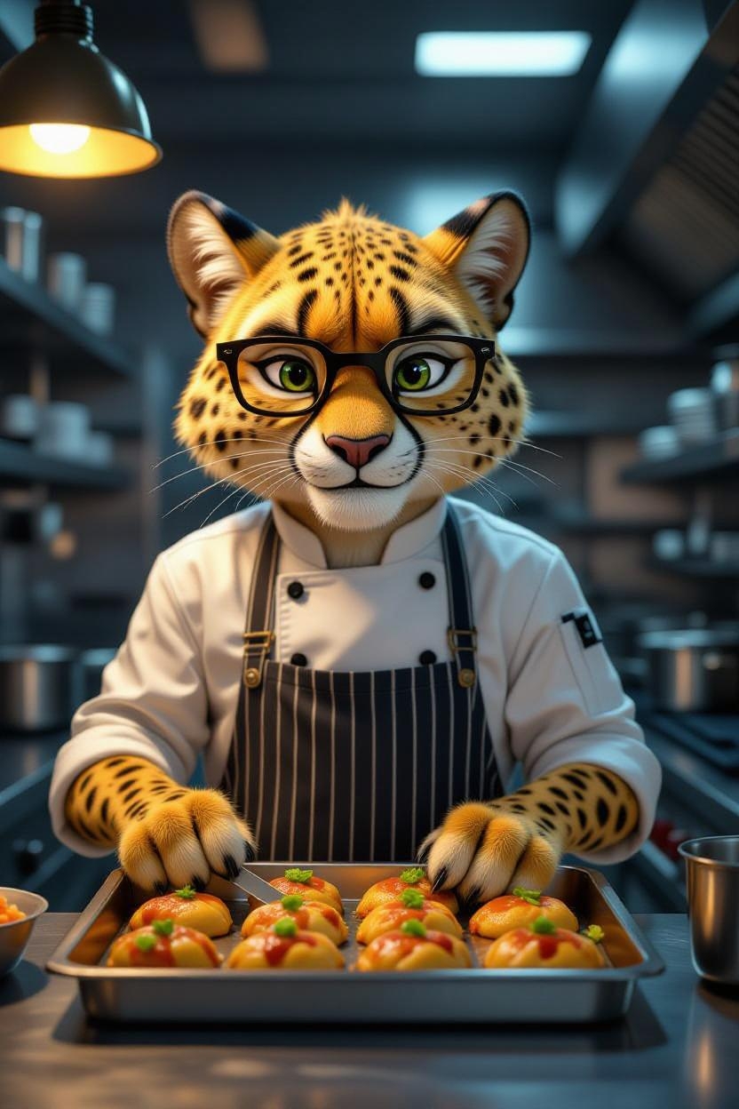 Professional cheetah chef with glasses preparing gourmet meals - representing the skilled VIBECoder preparing quality data for AI dragons