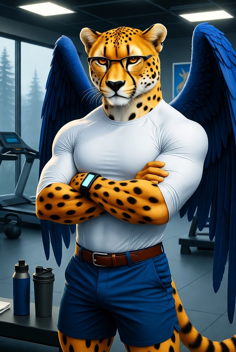 Muscular cheetah trainer in gym - VIBECoder coaching dragons to championship performance