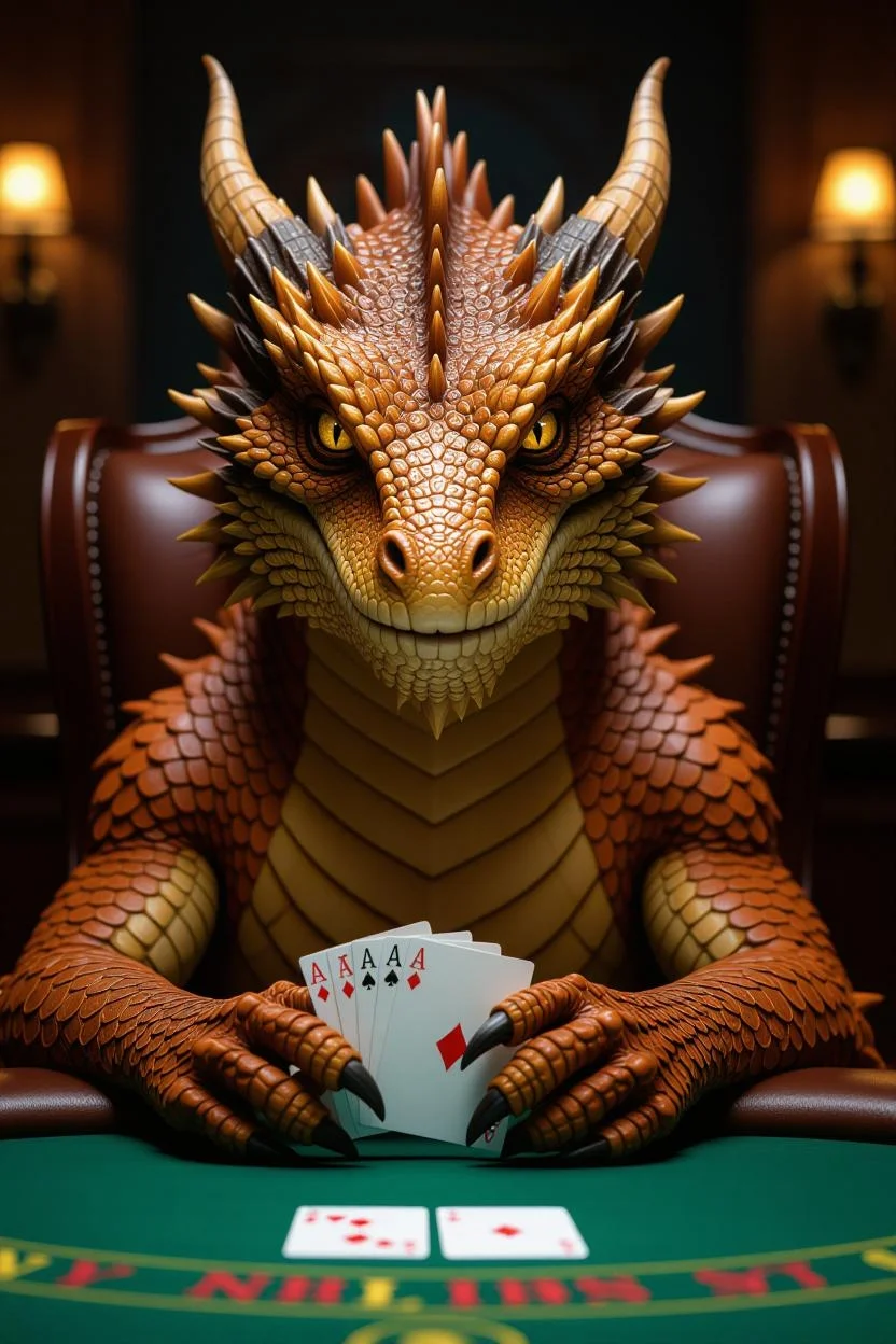 Majestic dragon at poker table holding five aces - representing AI's deceptive confidence in JSON generation