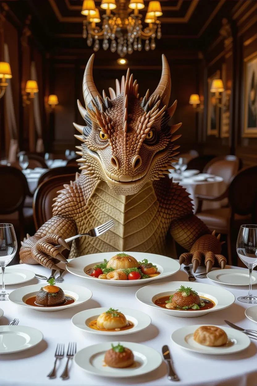 Elegant dragon dining with multiple gourmet courses properly plated - representing well-governed data consumption