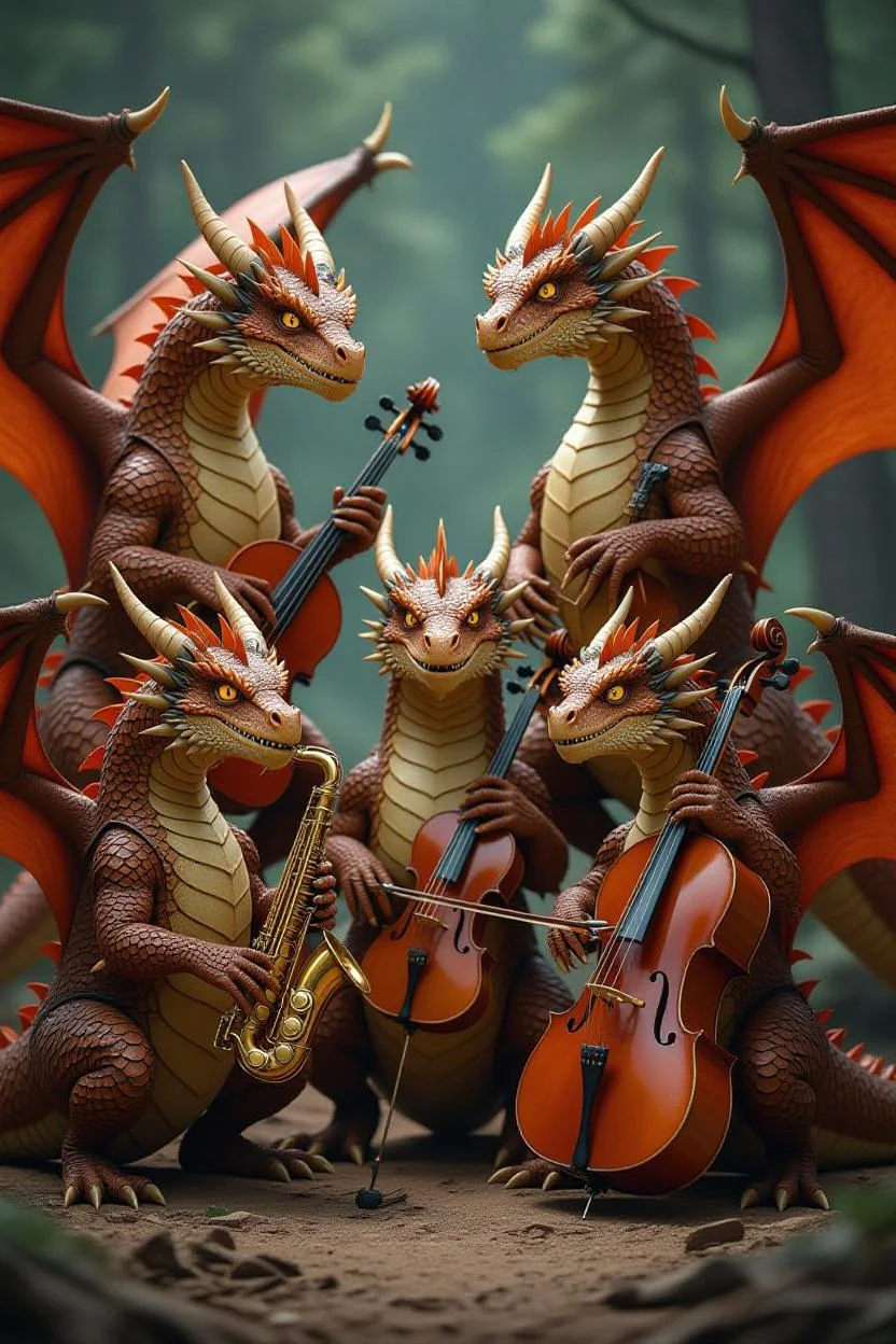 Multiple dragons in an orchestra setting with a conductor - representing low-code orchestration of AI systems