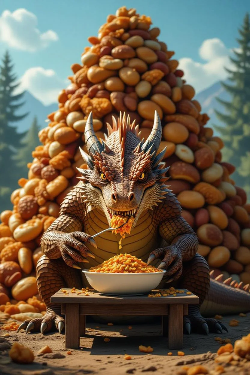 Dragon surrounded by scattered ingredients and messy eating - representing the chaos of unorganized data consumption