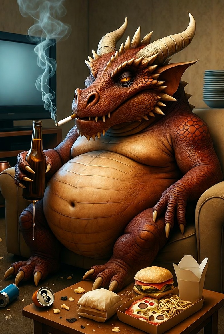 Unhealthy dragon with beer and cigarettes - before training transformation