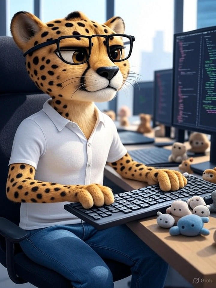 Cheetah programmer with glasses working on code - VIBE Coding in action