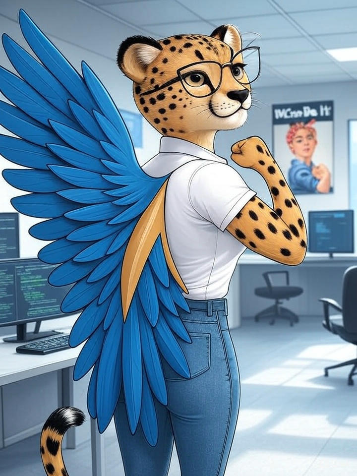 Female cheetah with blue wings and glasses in front of 'We Can Do It' poster - Building an MVP with VIBEcoder
