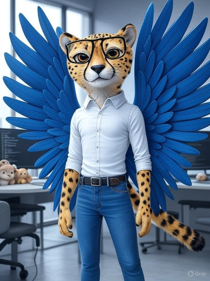 Cheetah developer with glasses and blue wings - AI-assisted development in action
